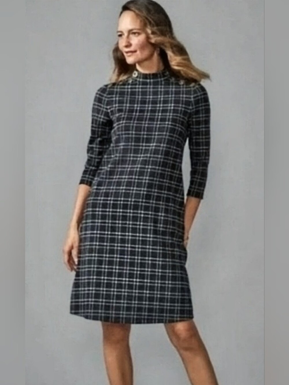 J McLaughlin Mare Mock Neck Dress Med Black White Windowpane Plaid Jacquard